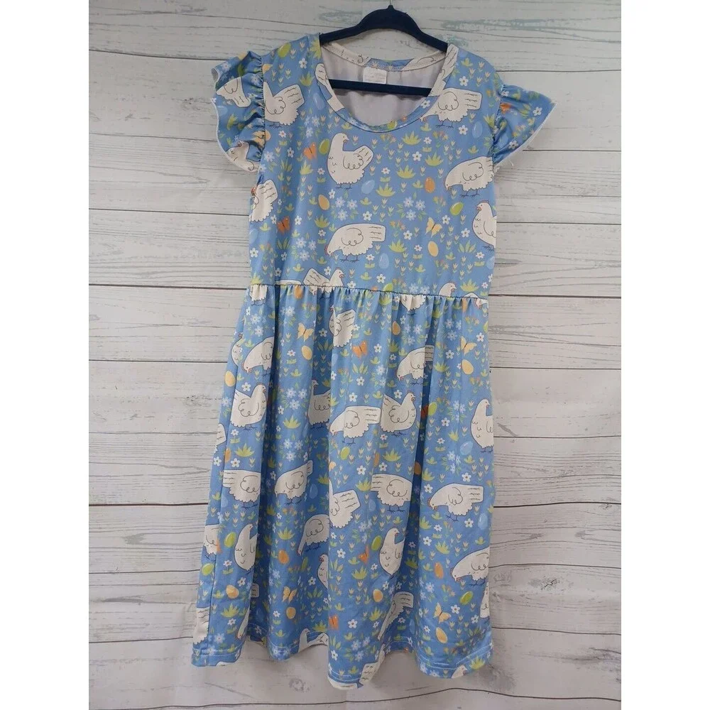 Girl Dress with Hens Eggs Chicken Butterflies Blue 6X